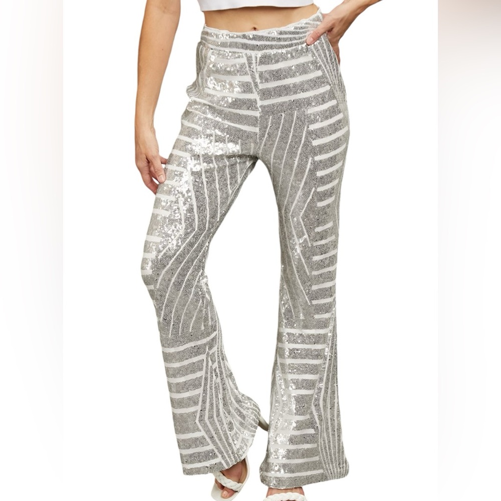 DOUBLE TAKE women’s silver Sequin High Waist Flared bell bottom stretchy Pants